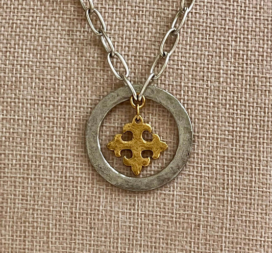 Silver Paperclip Chain Necklace with Organic Silver Open Circle Gold Celtic Cross Pendants Gorgeous Silver Statement Mixed Metal Necklace