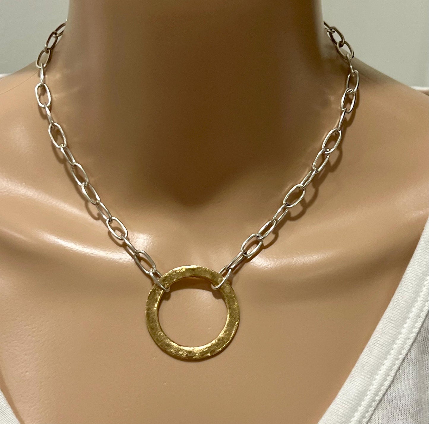 Silver Paperclip Link Chain Necklace with Organic Gold Open Circle Pendants Gorgeous Silver Statement Modern Mixed Metal Necklace