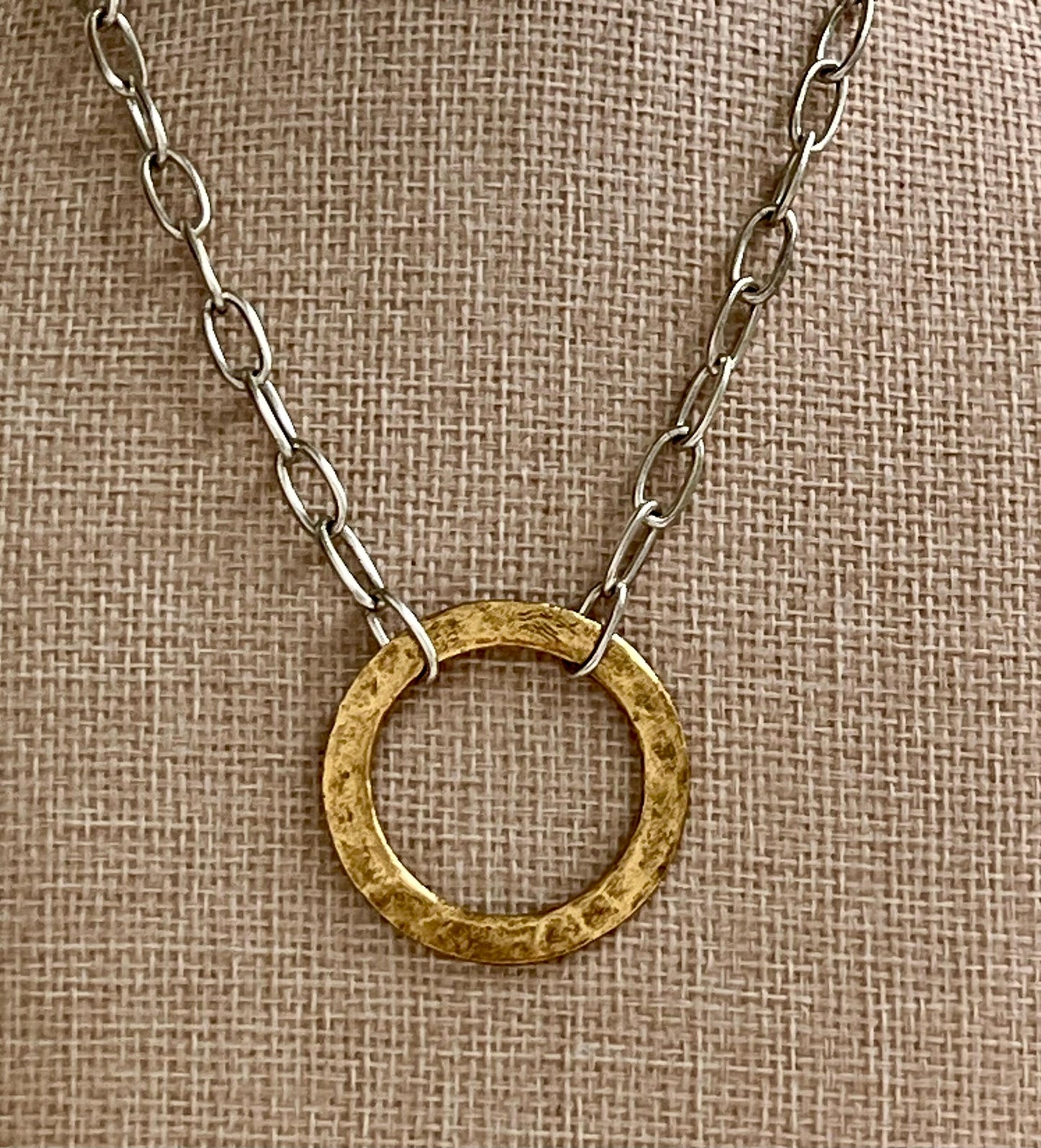 Silver Paperclip Link Chain Necklace with Organic Gold Open Circle Pendants Gorgeous Silver Statement Modern Mixed Metal Necklace