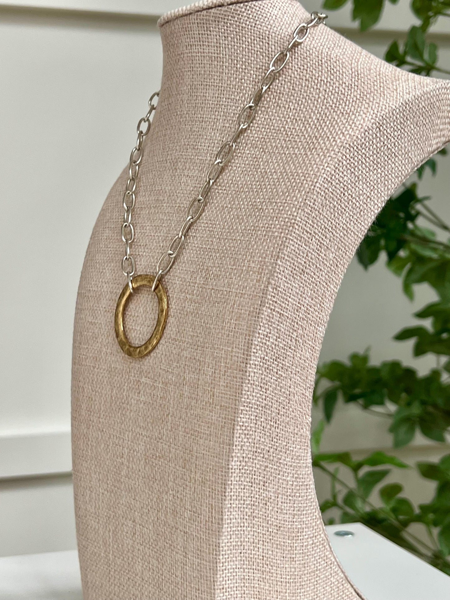 Silver Paperclip Link Chain Necklace with Organic Gold Open Circle Pendants Gorgeous Silver Statement Modern Mixed Metal Necklace