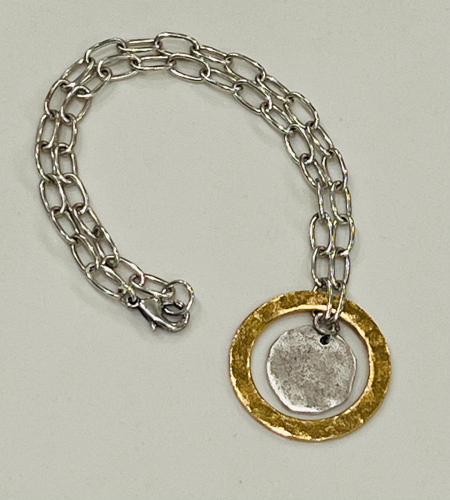 Silver Paperclip Link Chain Necklace with Gold Open Circle Pendants Gorgeous Silver Statement Modern Mixed Metal Necklace Silver Coin