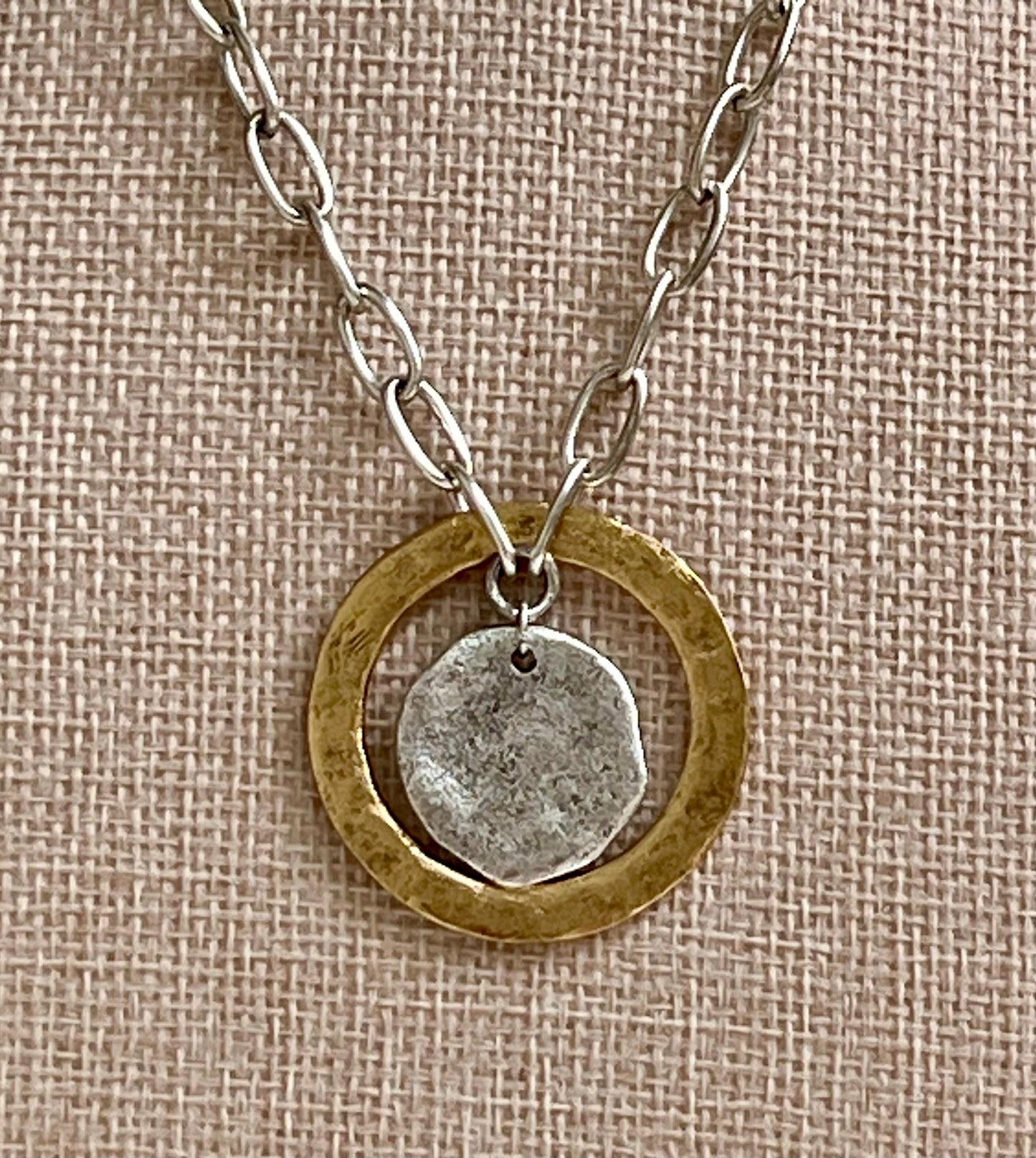 Silver Paperclip Link Chain Necklace with Gold Open Circle Pendants Gorgeous Silver Statement Modern Mixed Metal Necklace Silver Coin