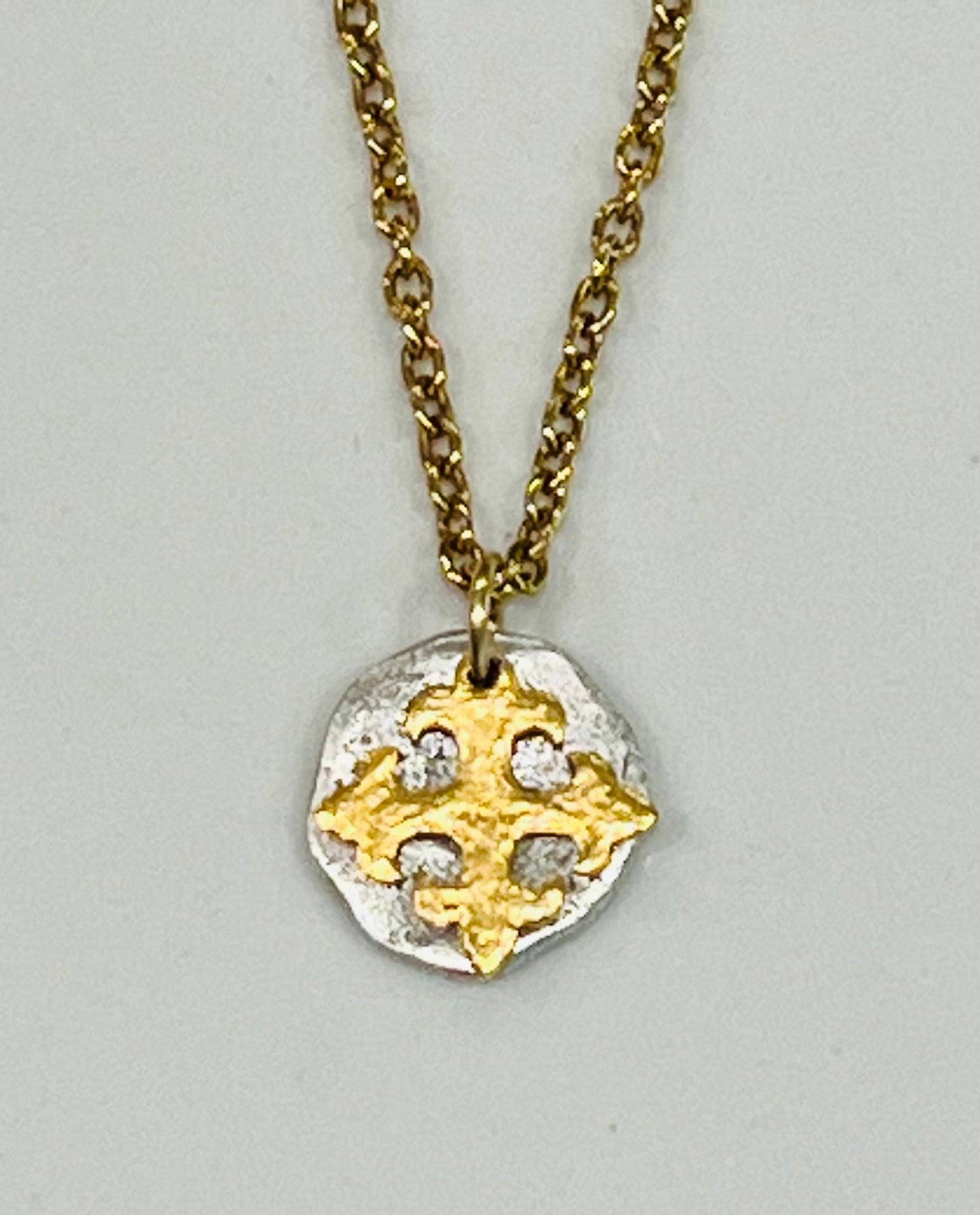 Gold Classic Cable Chain Necklace with Organic Silver Coin and Gold  Celtic Cross Pendants Gorgeous Silver Statement Mixed Metal Necklace