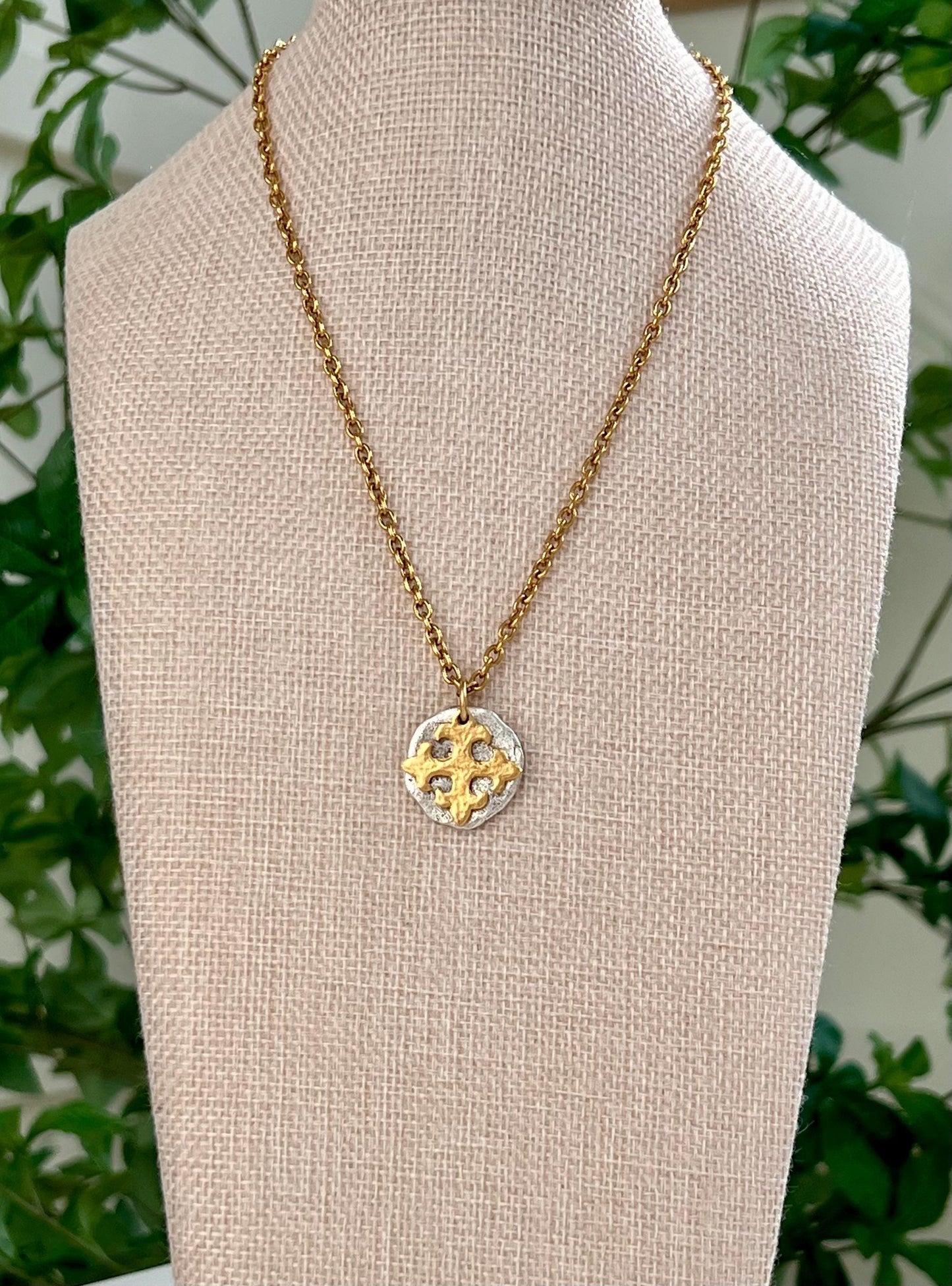 Gold Classic Cable Chain Necklace with Organic Silver Coin and Gold  Celtic Cross Pendants Gorgeous Silver Statement Mixed Metal Necklace