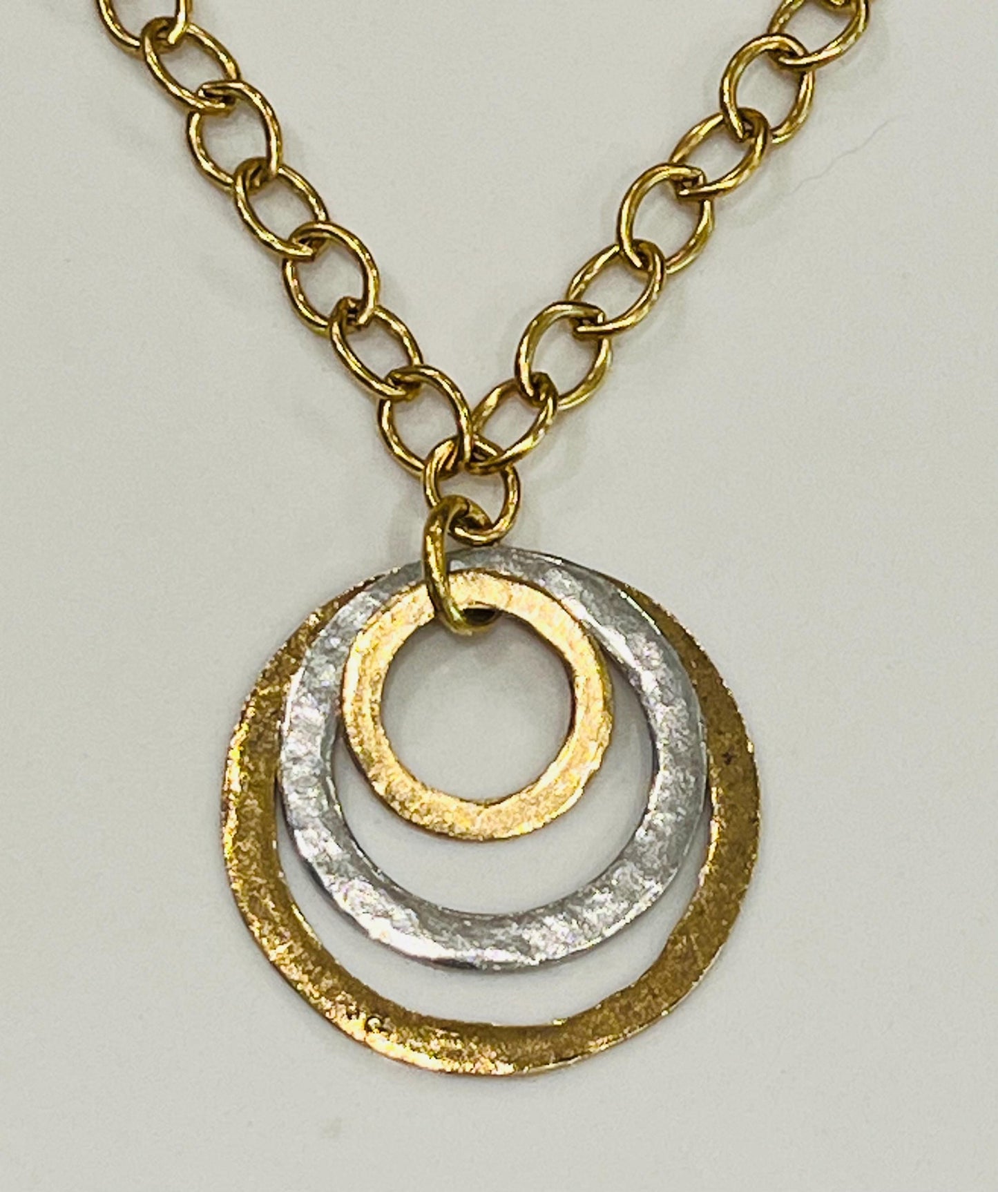 Gold Rounded Oval Chain Necklace with Organic Silver and Gold Open Circle Pendants Gorgeous Silver and Gold Statement Mixed Metal Necklace