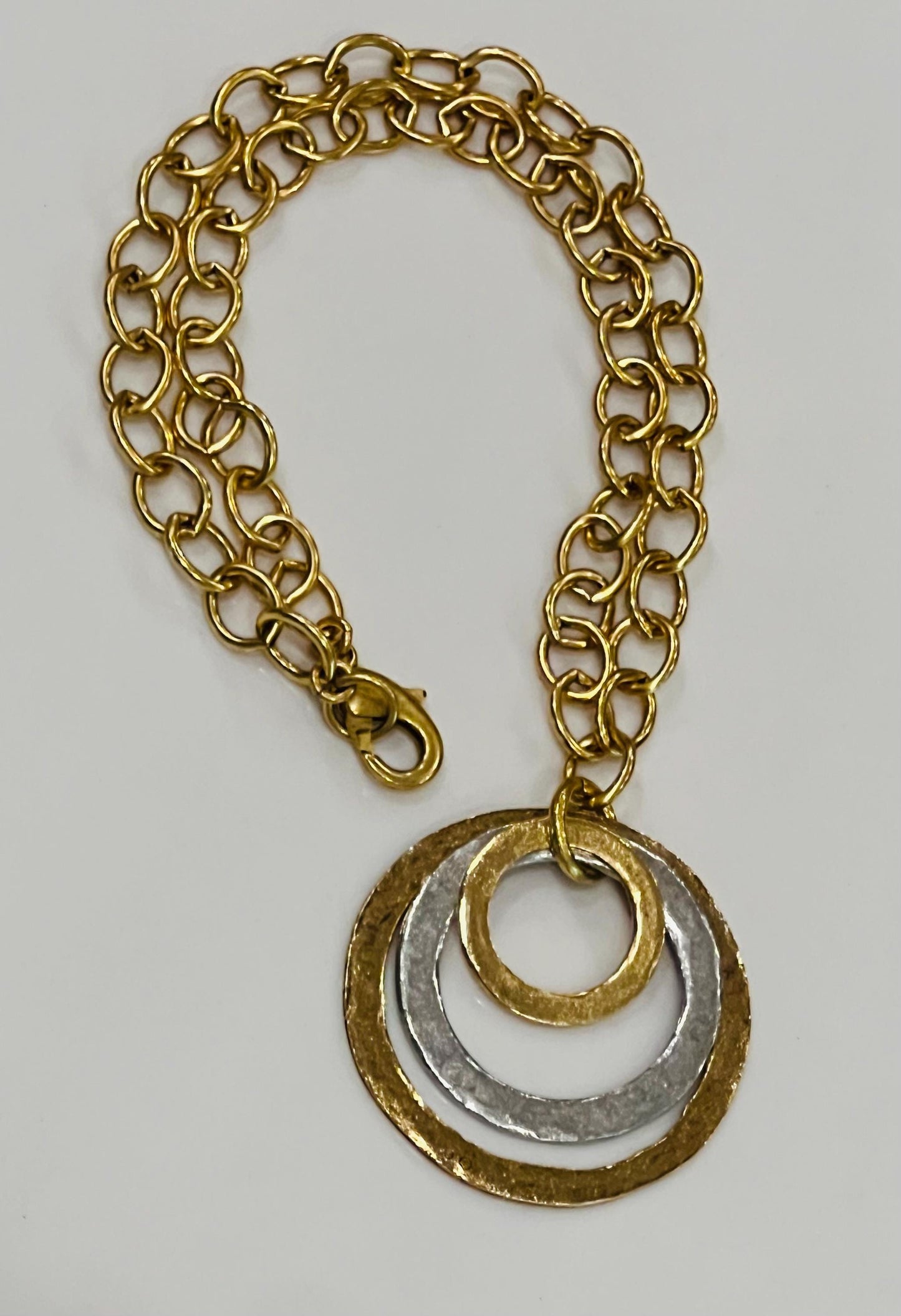 Gold Rounded Oval Chain Necklace with Organic Silver and Gold Open Circle Pendants Gorgeous Silver and Gold Statement Mixed Metal Necklace