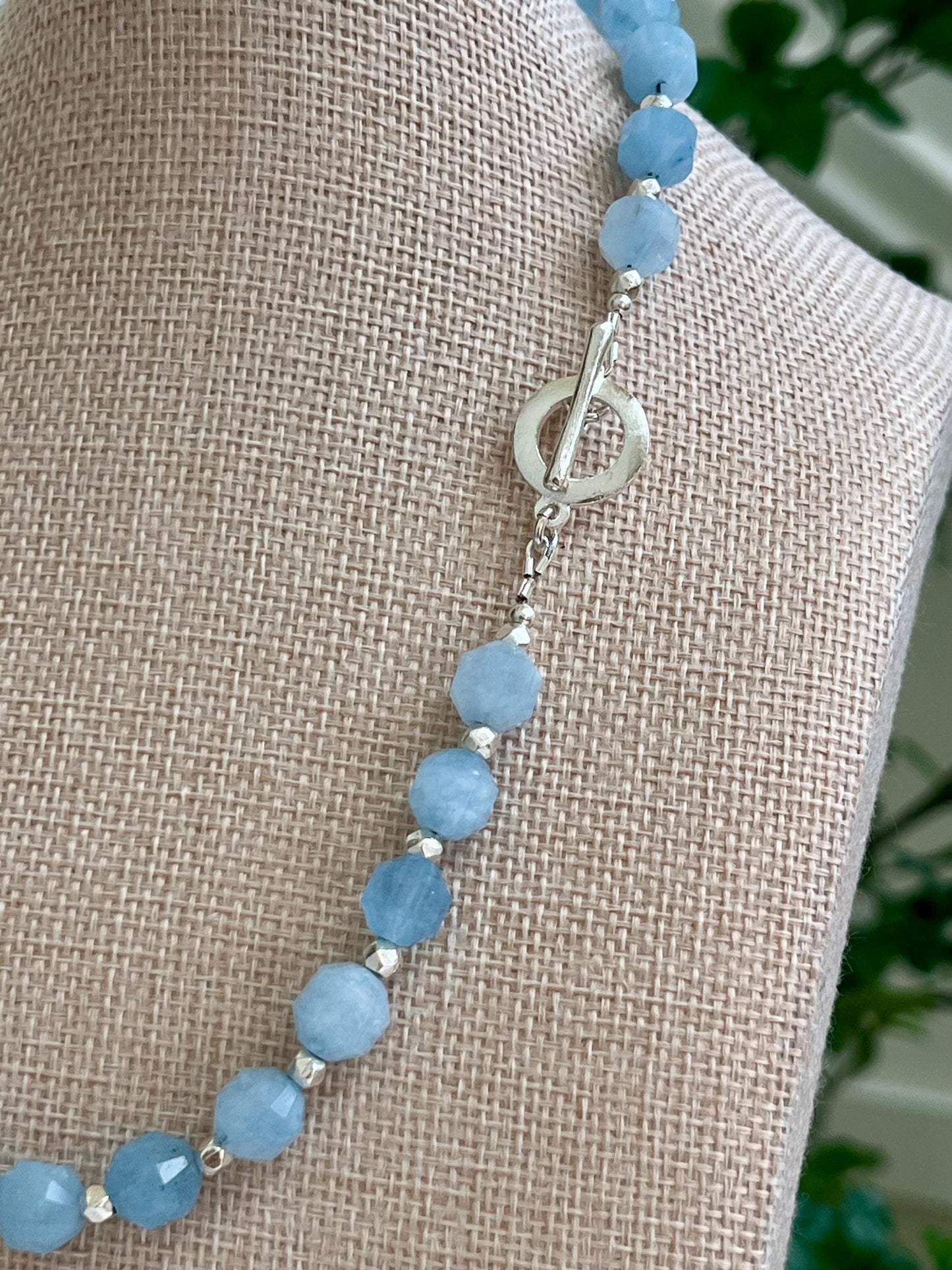 Aquamarine Beaded Necklace Silver Toggle/Beads 9x10mm Faceted Aquamarine Prism Cut Stones Natural Aquamarine Faceted Statement Necklace