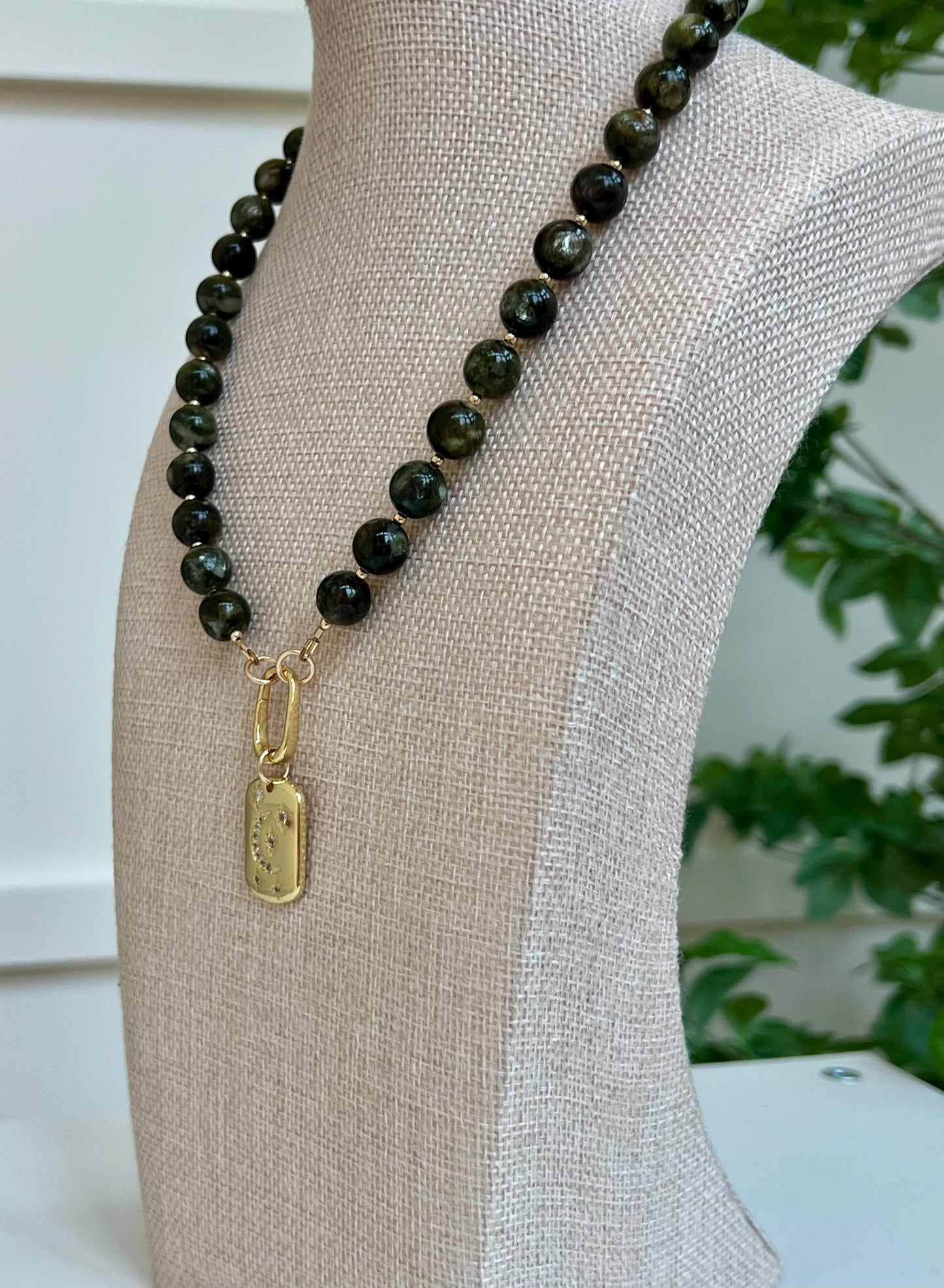 Green Lepidolite Mica Beaded Necklace 18k Gold Filled Spring Clasp Removable Gold Filled Moon and Stars Drop Beads 10mm Smooth Round Beads