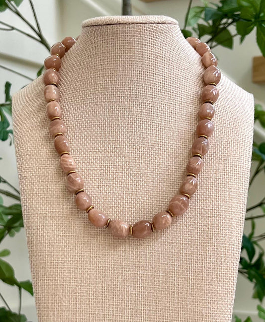 Moonstone Beaded Necklace Gold Toggle Clasp Natural Gemstone Necklace Peach Moonstone Necklace Non-Tarnish Gold Plated Pewter Beads