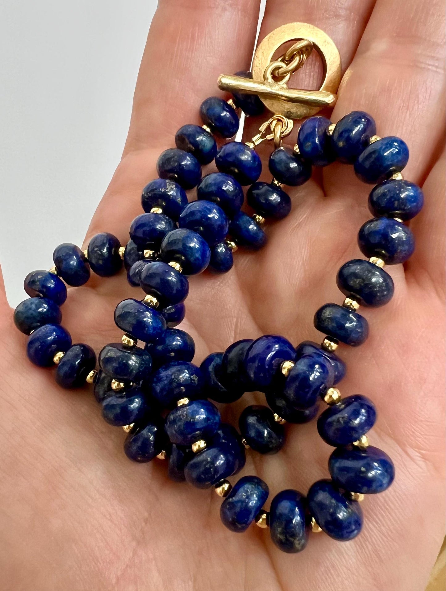 Lapis Beaded Necklace with Gold Toggle Gold and Blue Lapis Lazuli 5x8mm Smooth Rondelle Beaded Necklace Semi-Precious Gemstone Necklace
