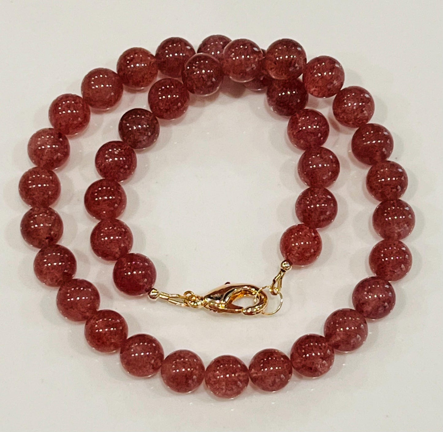 Strawberry Quartz Beaded Necklace 18k Gold Filled Clasp Pink Beaded Layering Semi-Precious Stones 10mm Smooth Round Quartz Stones