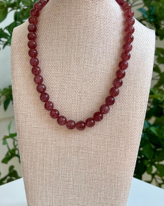 Strawberry Quartz Beaded Necklace 18k Gold Filled Clasp Pink Beaded Layering Semi-Precious Stones 10mm Smooth Round Quartz Stones