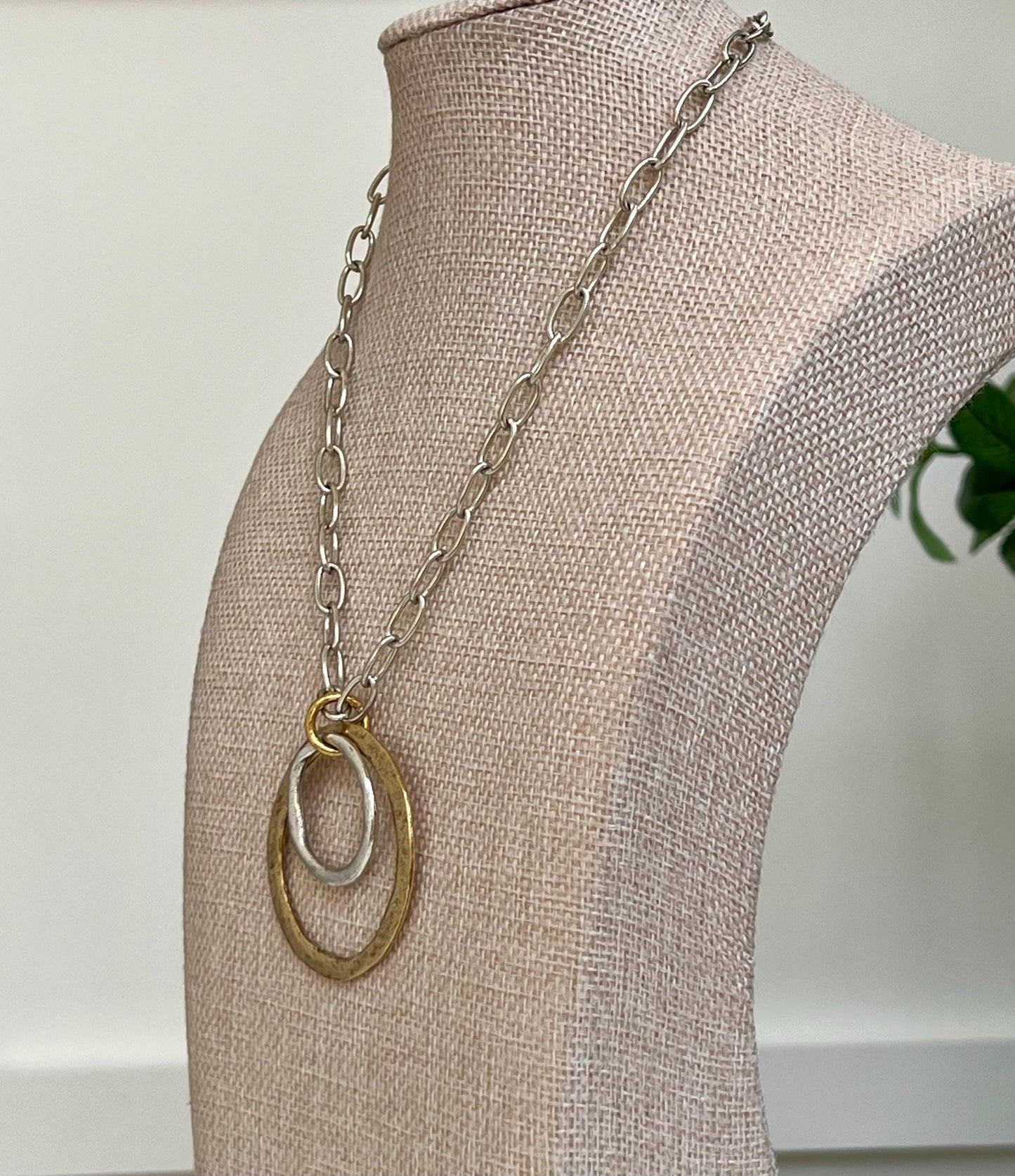 Silver Paperclip Chain Necklace with Organic Silver and Gold Open Circle Pendants Gorgeous Silver and Gold Statement Mixed Metal Necklace