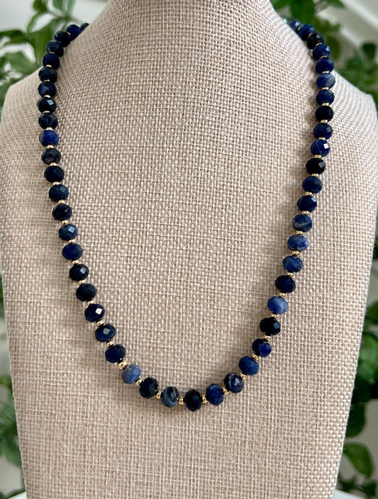 Sodalite Beaded Necklace 5x8mm Faceted Rondelle Sodalite Beaded Necklace 18k Gold Filled Clasp/Accent Beads Natural Gemstone Necklace