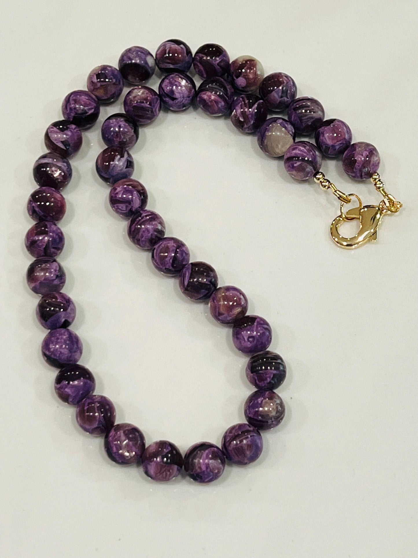 Purple Mica Beaded Necklace 18k Gold Filled Clasp/Accent Beads 10mm Smooth Round Beads Gorgeous Purple Sheen Natural Gemstone Necklace