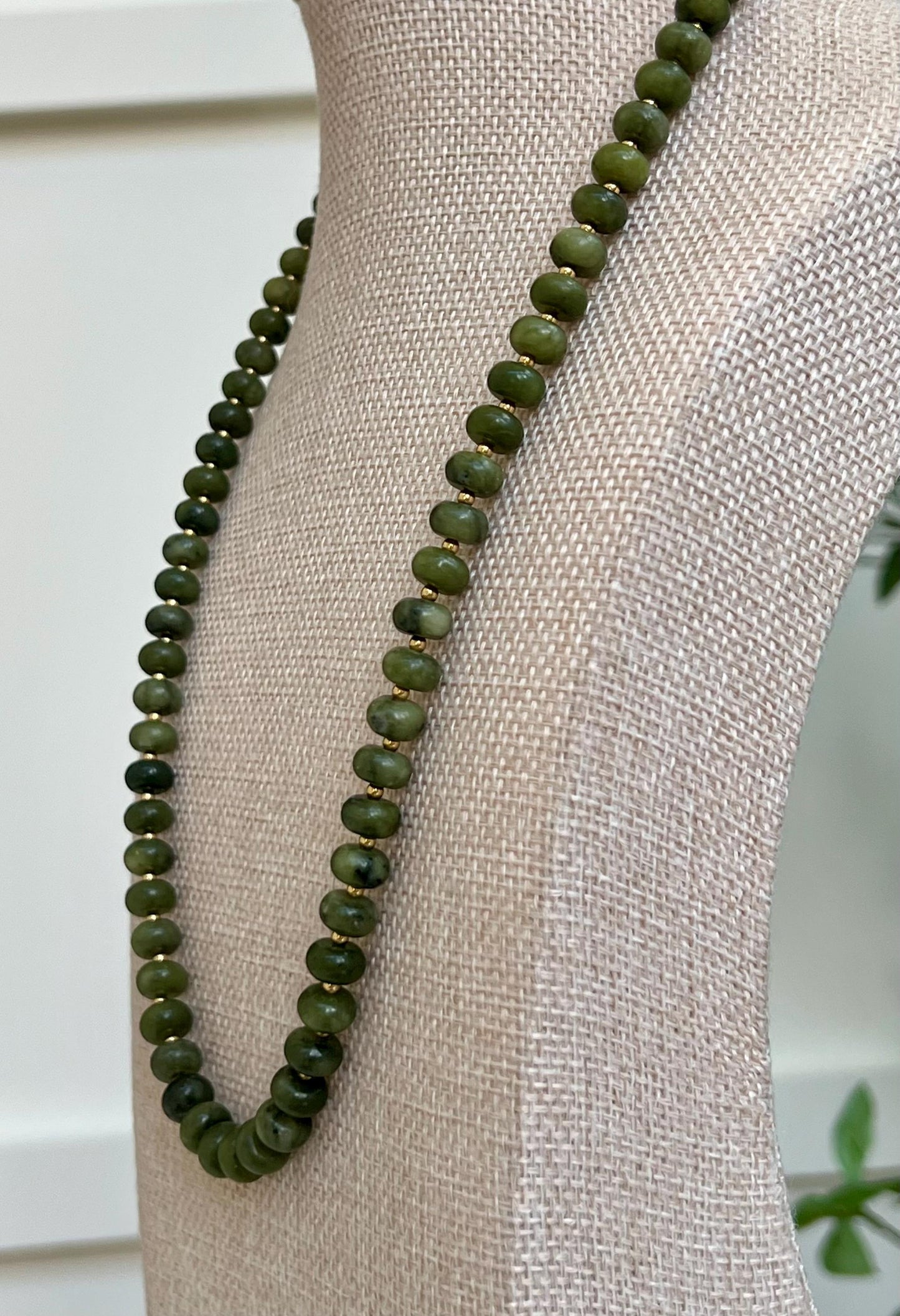 Green Jade Beaded Necklace with 18k Gold Filled Clasp and Accent Beads Natural Semi-Precious Gemstone Green Jade Rondelle Beaded Necklace