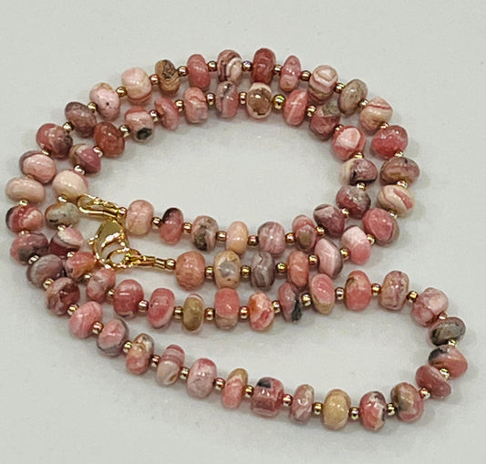 Rhodochrosite Beaded Necklace with 18k Gold Filled Clasp/Accent Beads Rhodochrosite 5.5mm Smooth Rondelle Stones Gorgeous