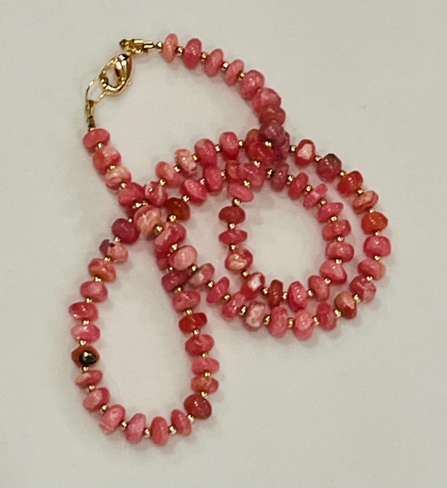 Rhodochrosite Beaded Necklace with 18k Gold Filled Clasp/Accent Beads AAA Rhodochrosite 5.5mm Smooth Rondelle Super Pink Stones Gorgeous