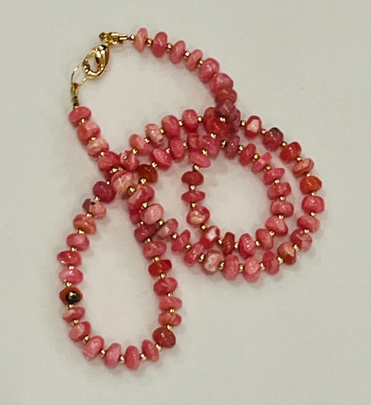 Rhodochrosite Beaded Necklace with 18k Gold Filled Clasp/Accent Beads AAA Rhodochrosite 5.5mm Smooth Rondelle Super Pink Stones Gorgeous