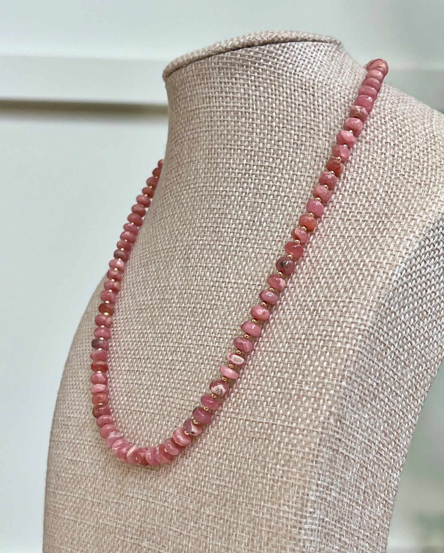 Rhodochrosite Beaded Necklace with 18k Gold Filled Clasp/Accent Beads AAA Rhodochrosite 5.5mm Smooth Rondelle Super Pink Stones Gorgeous