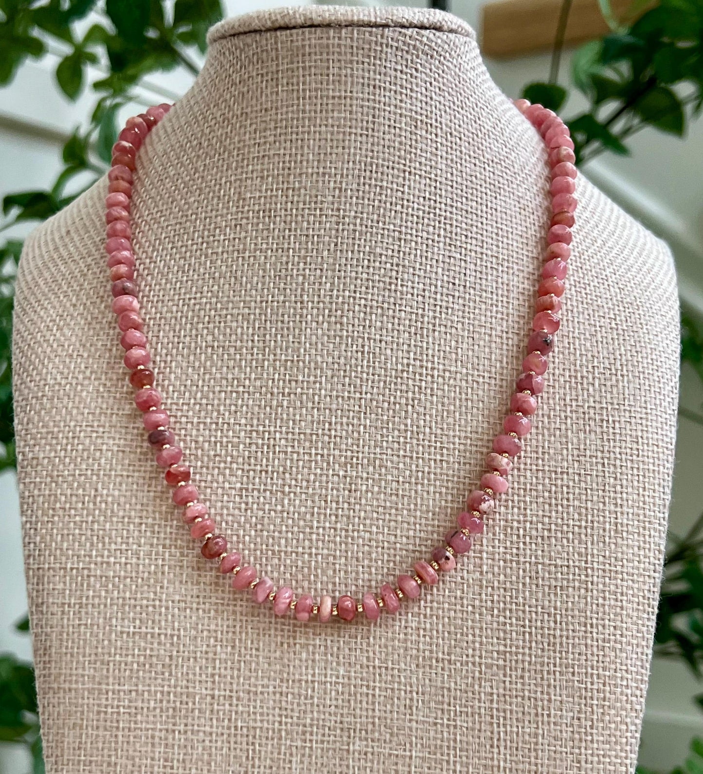 Rhodochrosite Beaded Necklace with 18k Gold Filled Clasp/Accent Beads AAA Rhodochrosite 5.5mm Smooth Rondelle Super Pink Stones Gorgeous