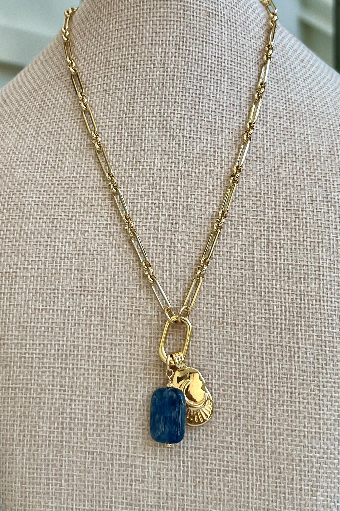 Gold Filled  Necklace with Gold Filled Spring Clasp Kyanite Pendant and Crescent Moon Pendant High Quality Layering Statement Versatile