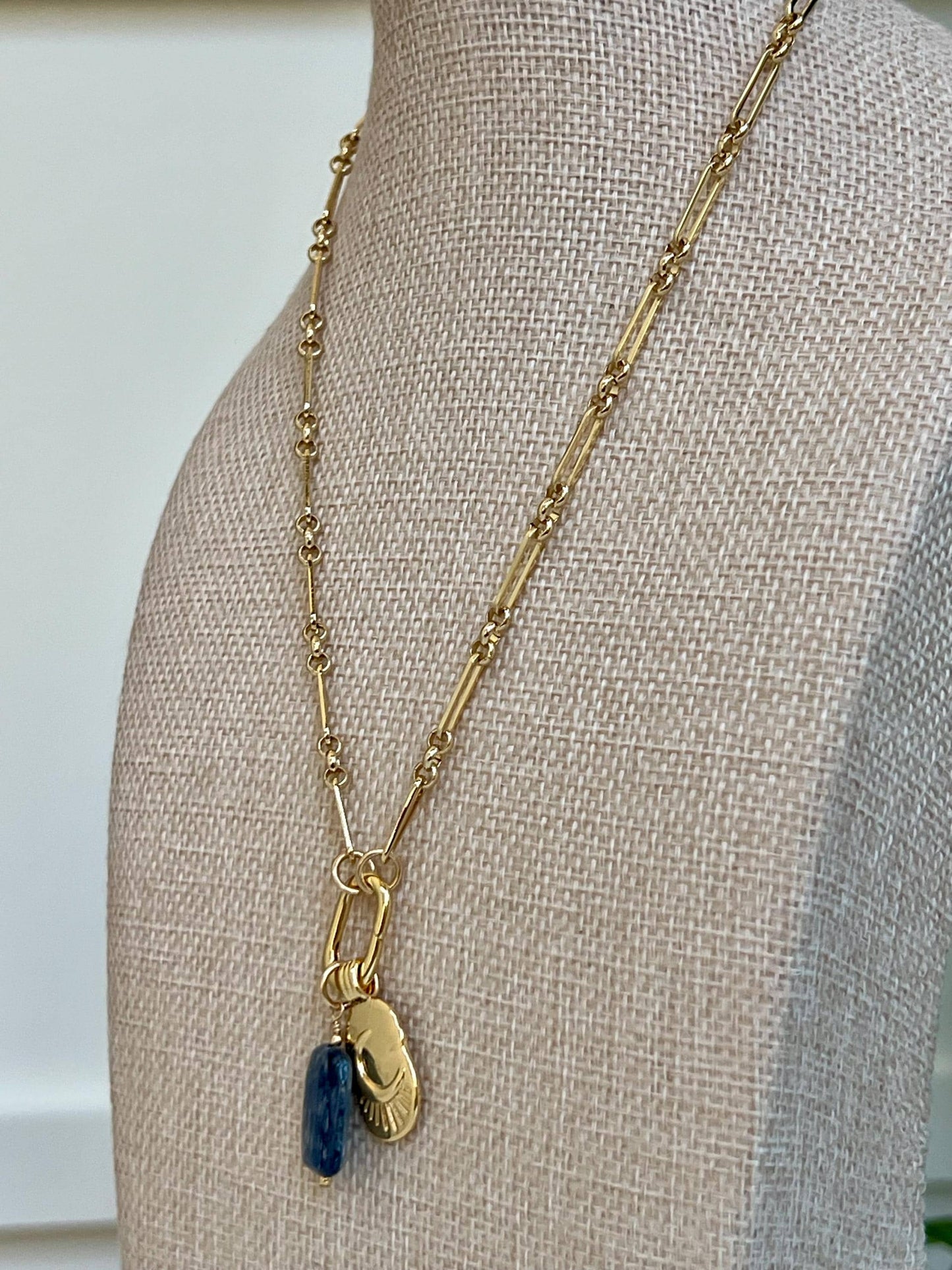Gold Filled  Necklace with Gold Filled Spring Clasp Kyanite Pendant and Crescent Moon Pendant High Quality Layering Statement Versatile