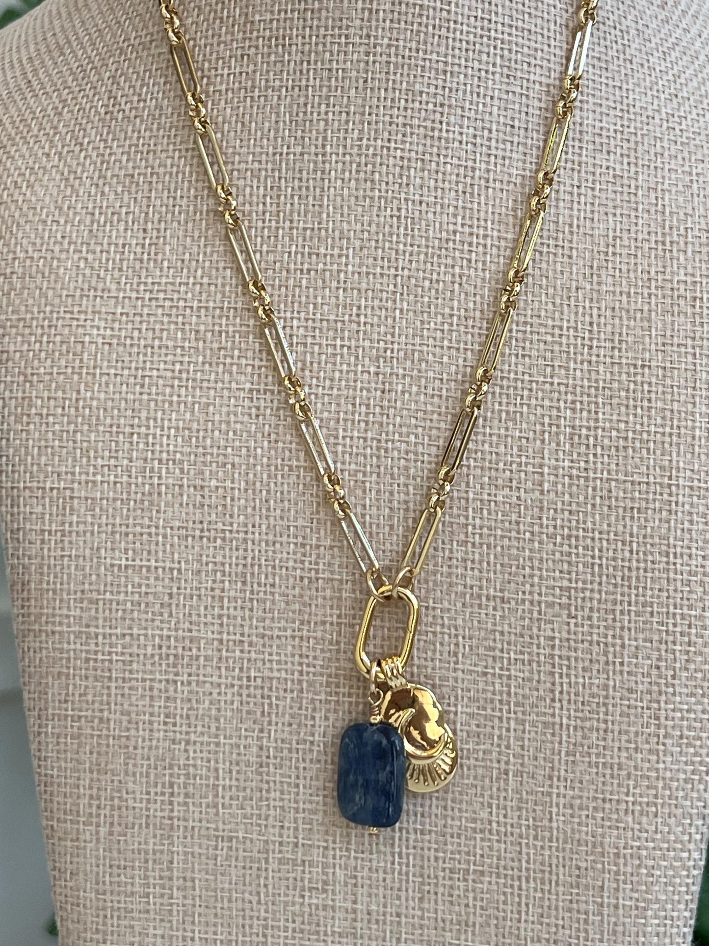 Gold Filled  Necklace with Gold Filled Spring Clasp Kyanite Pendant and Crescent Moon Pendant High Quality Layering Statement Versatile