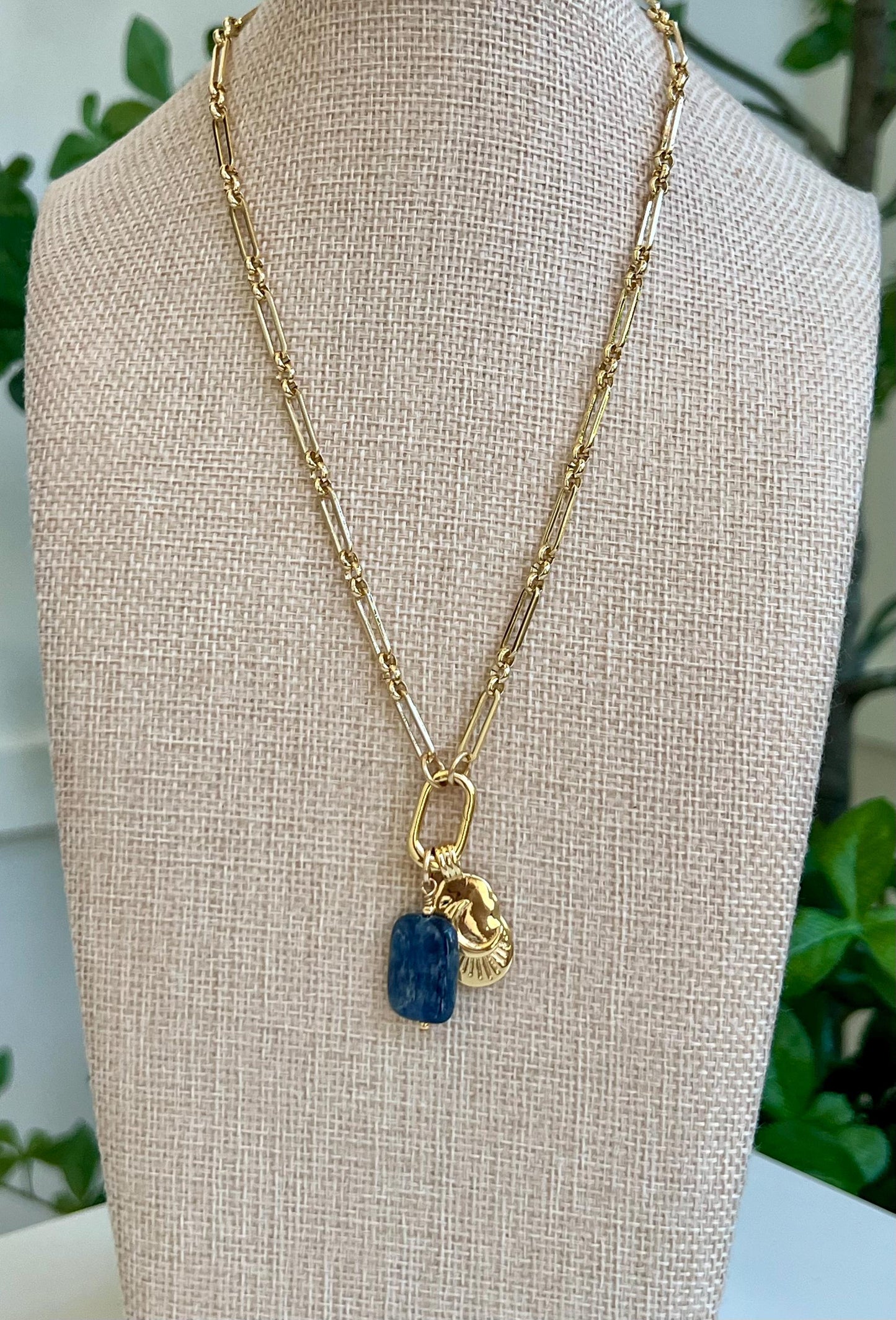 Gold Filled  Necklace with Gold Filled Spring Clasp Kyanite Pendant and Crescent Moon Pendant High Quality Layering Statement Versatile