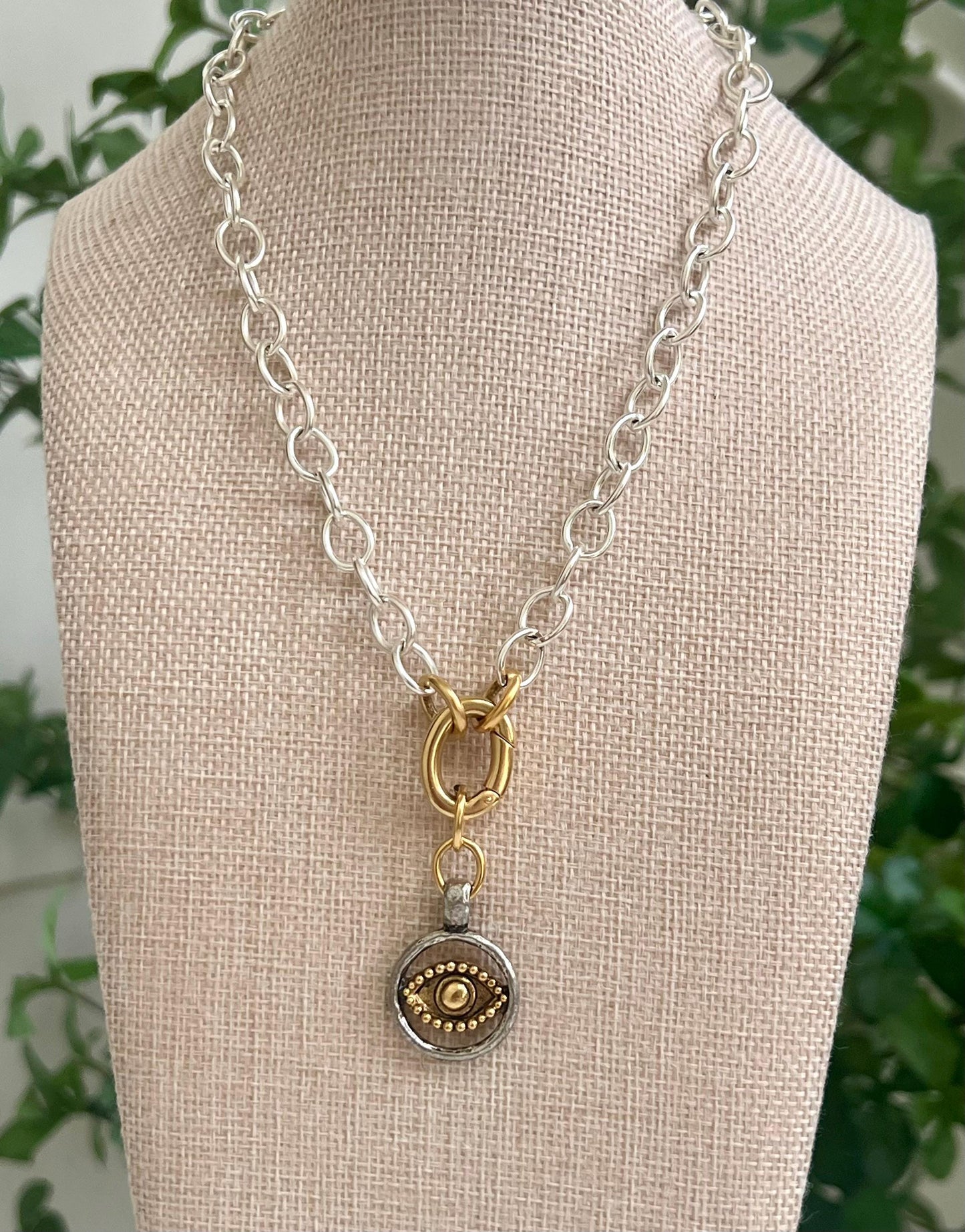 Silver Chunky Oval Chain Necklace with Gold Carabiner Spring Clasp Evil Eye Silver and Gold Statement Necklace Chunky Statement Necklace