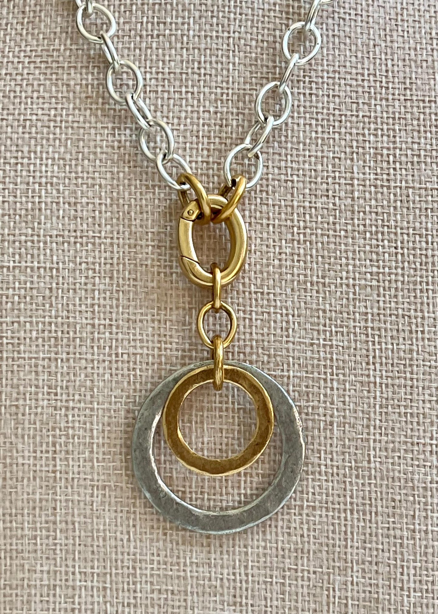 Silver Chunky Oval Chain Necklace with Gold Carabiner Spring Concetric Circle Drops Statement Necklace Chunky Statement Necklace