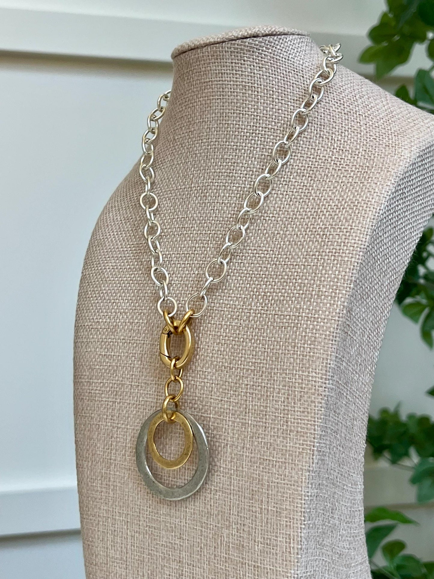 Silver Chunky Oval Chain Necklace with Gold Carabiner Spring Concetric Circle Drops Statement Necklace Chunky Statement Necklace