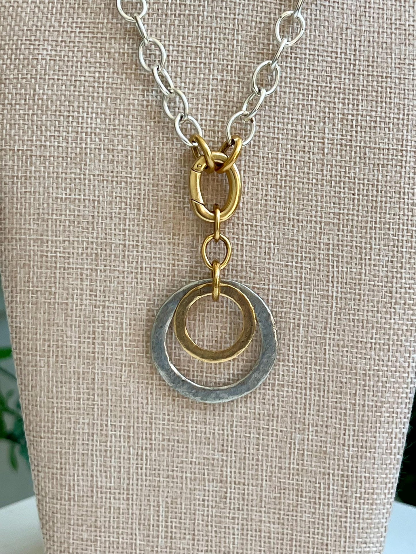 Silver Chunky Oval Chain Necklace with Gold Carabiner Spring Concetric Circle Drops Statement Necklace Chunky Statement Necklace