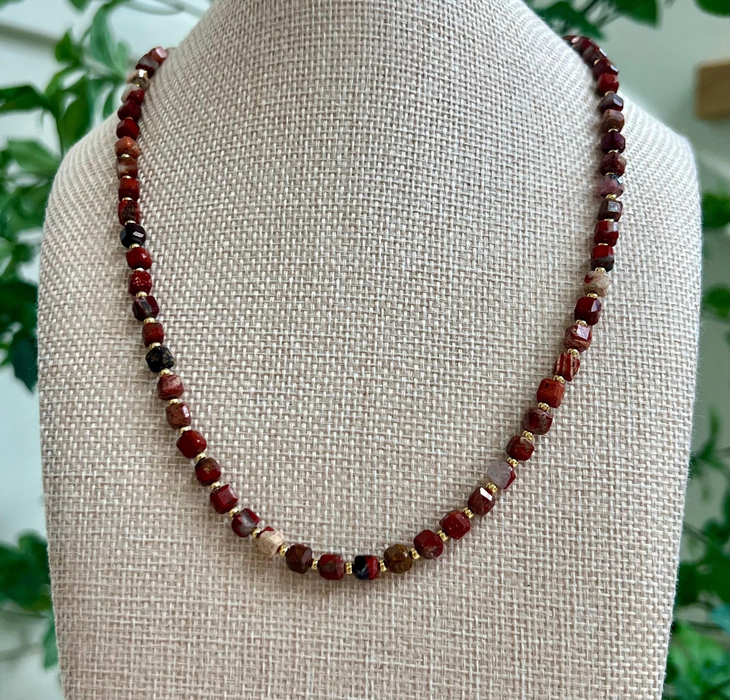 Red Jasper Beaded Necklace 18k Gold Filled Clasp 18k Gold Filled Beads Natural Semi-Precious Gemstones Necklace Red Gold Layering Necklace