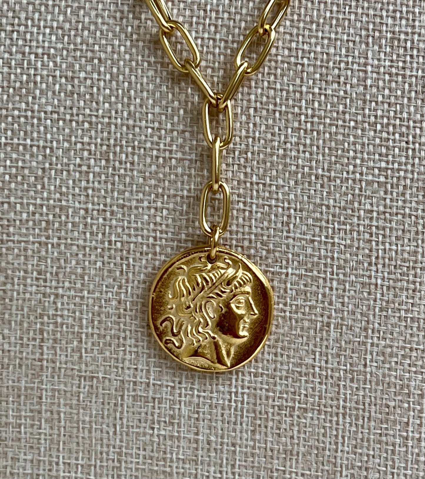 Gold Chunky Paperclip Chain Necklace with Gold Roman Coin Pendant Gold Plated Brass Statement Necklace Chunky Statement Necklace