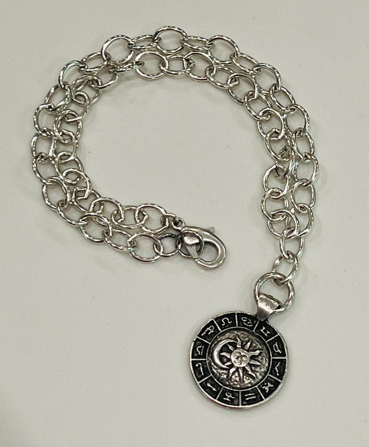 Antique Silver Chunky Oval Chain Necklace with Large Zodiac Wheel Silver Pendant Silver Statement Necklace Chunky Statement Necklace