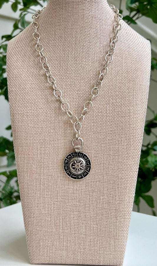 Antique Silver Chunky Oval Chain Necklace with Large Zodiac Wheel Silver Pendant Silver Statement Necklace Chunky Statement Necklace