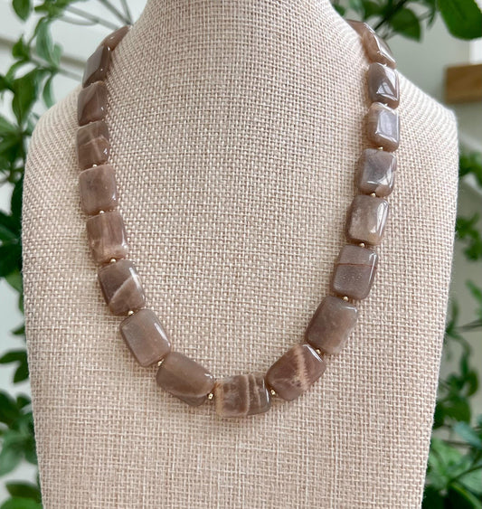 Moonstone Beaded Necklace Smooth Rectangular Stones Moonstone with 18k Gold Filled Clasp/Accent Beads Beautiful Earth Tones Brown/Peach