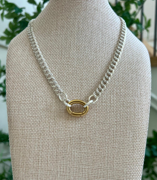 Silver Parallel Curb Chain Necklace with Gold Carabiner Spring Clasp Mixed Metal Statement Necklace Chunky Statement Necklace