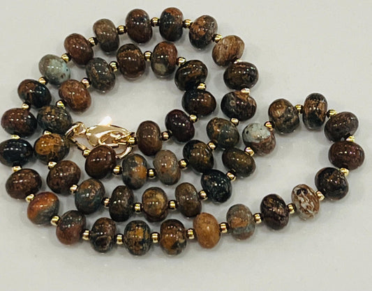Pietersite Beaded Necklace 18k Gold Filled Clasp/Accent Beads Semi-Precious Gemstone Necklace Pietersite  Beads Earthtones Smooth Rondelle