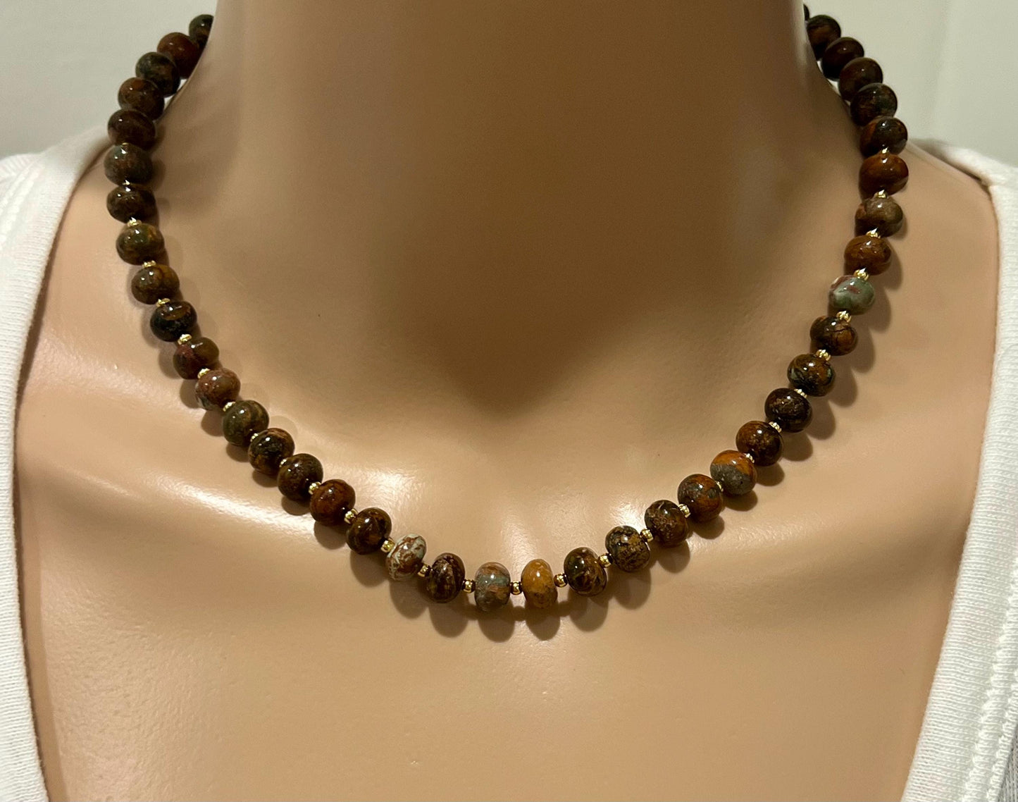 Pietersite Beaded Necklace 18k Gold Filled Clasp/Accent Beads Semi-Precious Gemstone Necklace Pietersite  Beads Earthtones Smooth Rondelle