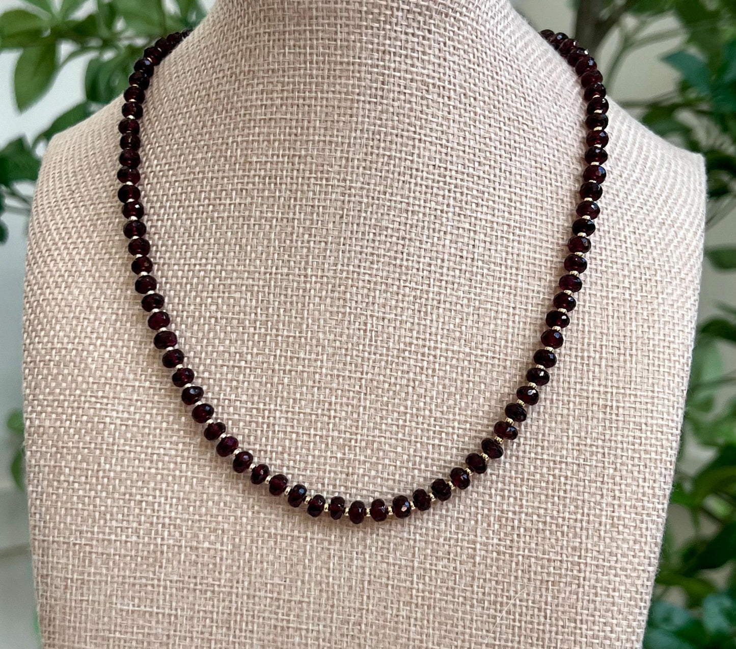 Sparkling Garnet Beaded Necklace 18k Gold Filled Spring Clasp Evil Eye Pendant 5.5mm Faceted Rondelle Garnet Natural Gemstone Necklace