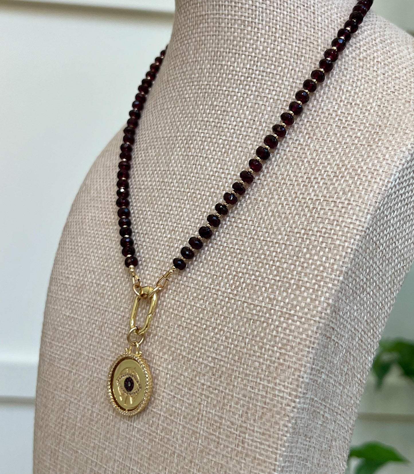 Sparkling Garnet Beaded Necklace 18k Gold Filled Spring Clasp Evil Eye Pendant 5.5mm Faceted Rondelle Garnet Natural Gemstone Necklace