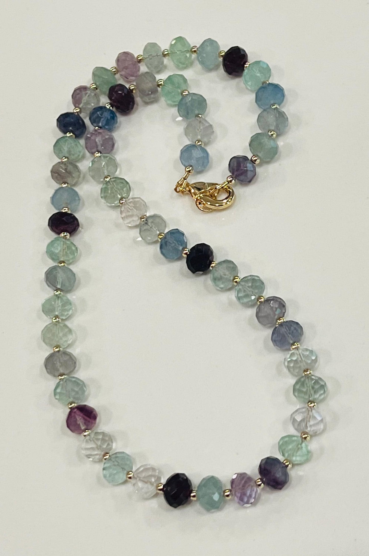 Fluorite Beaded Necklace with 18k Gold Filled Clasp Faceted Rondelle 10x8mm Fluorite Stones Natural Semi-Precious Gemstone Necklace