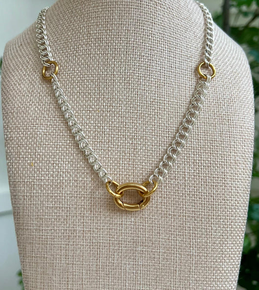 Silver Parallel Curb Chain Necklace with Gold Carabiner Spring Clasp Mixed Metal Statement Necklace Chunky Statement Necklace Gold Accents