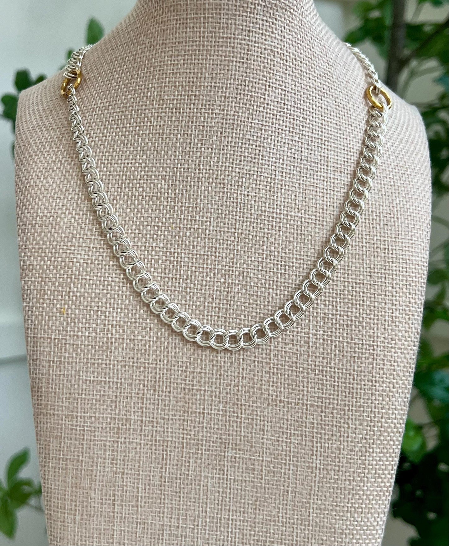 Silver Parallel Curb Chain Necklace with Gold Carabiner Spring Clasp Mixed Metal Statement Necklace Chunky Statement Necklace Gold Accents