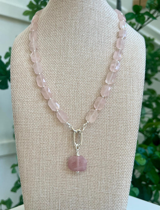 Rose Quartz Beaded Necklace Sterling Silver Spring Clasp/Beads Pendant Semi-Precious Stones 14x10mm Faceted Rectangular Rose Quartz Stones