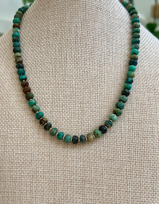 Turquoise Beaded Necklace 18k Gold Filled Clasp/Beads Natural Gemstone Layering Beaded Necklace Gorgeous 4x6mm Smooth Rondelle Stones