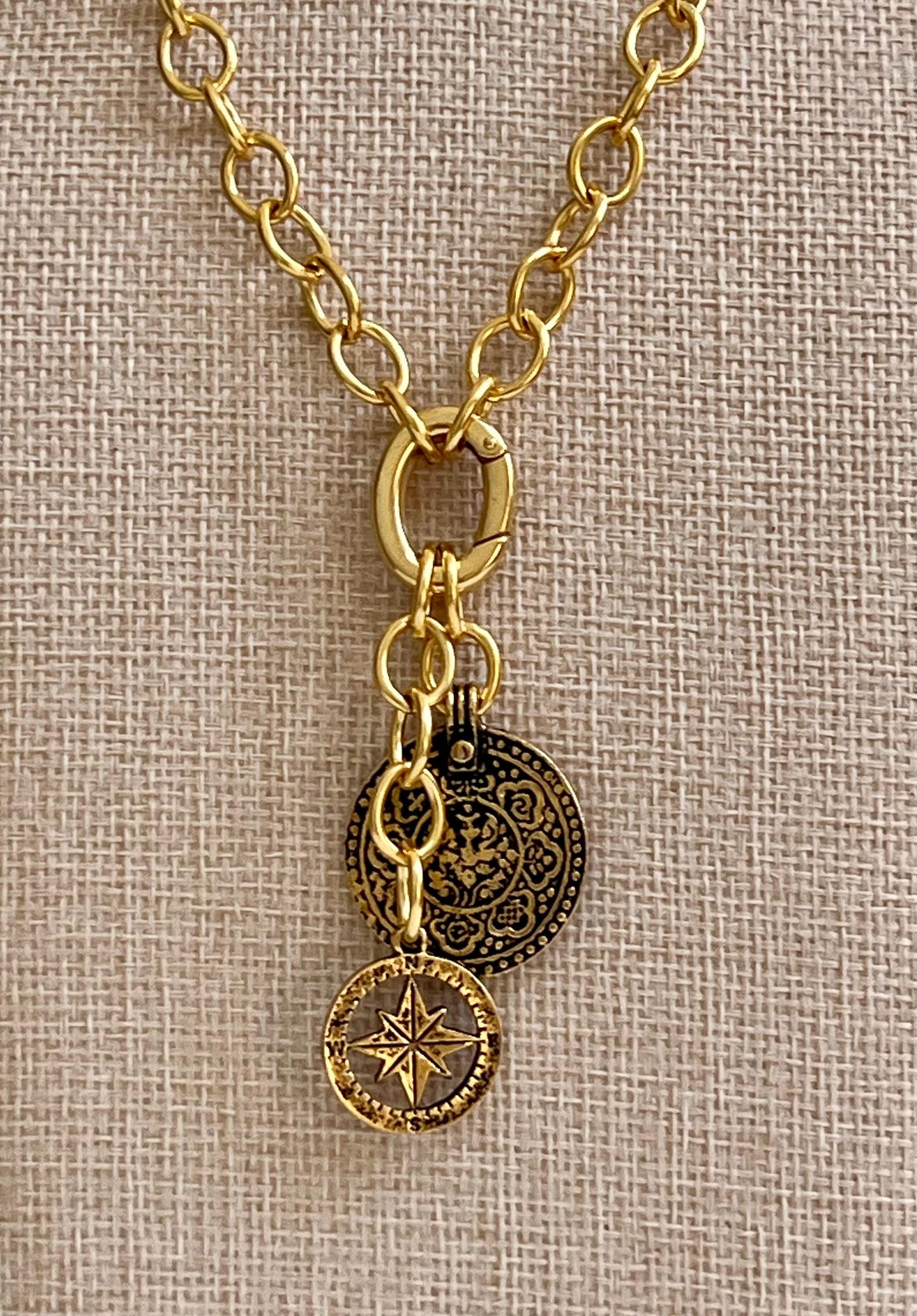 Gold Chunky Oval Chain Necklace with Gold Carabiner Spring Clasp 2 Pendants Mandala and Compass Drops Versatility Chunky Statement Necklace