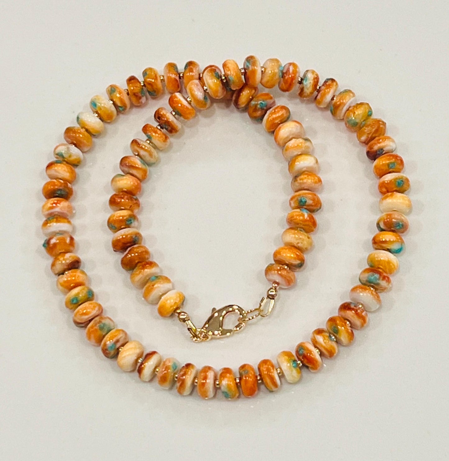 Spiny Oyster Beaded Necklace 18k Gold Filled Clasp Rondelle 8x3mm Natural Spiny Oyster Beads Gorgeous Orange Green/Blue Statement Necklace
